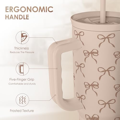 SANDJEST Bow Tumbler with Handle and Straw 40oz – Stainless Sleel Slider Tumbler Travel Coffee Mug for Women - Gift Idea for Birthday Christmas - Image 3