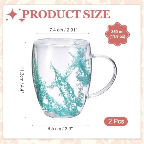 METALLIXITY Flowers Double Wall Glass Coffee Mugs 11.8oz Cyan-Blue 2Pcs - Image 2