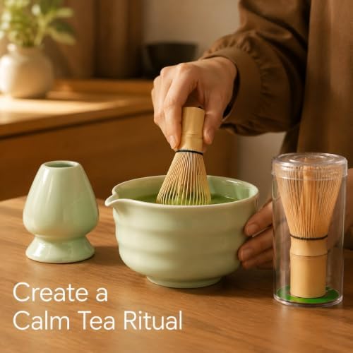 Ceramic Matcha Bowl Set with Bamboo Whisk and Holder for Japanese Tea - Image 4