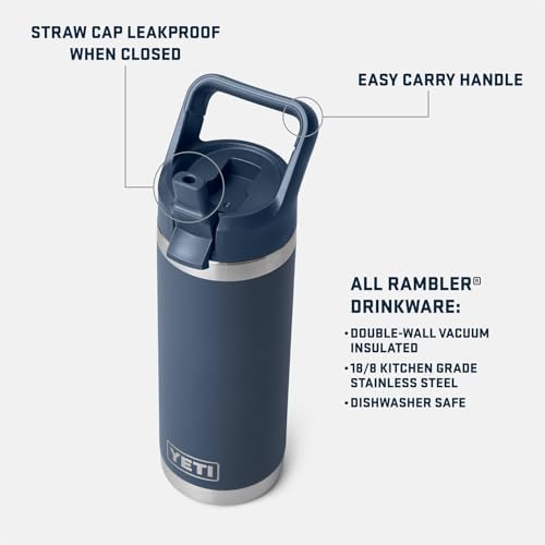 YETI Rambler 18 oz Bottle, Vacuum Insulated, Stainless Steel with Straw Cap, Navy - Image 2