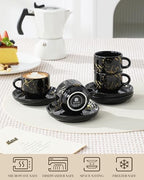 MALACASA 2.5 OZ Porcelain Espresso Cups with Saucers and Metal Stand Set of 4, Stackable Cappuccino Cups, Marble Black Expresso Shots Cup Set for Coffee Drinks, Latte, Tea - Image 4