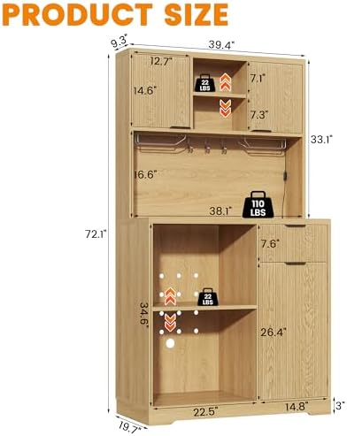 kepptory 72" Tall Bar Cabinet with Mini Fridge Space, Fluted Coffee Liquor Hutch Cabinet with Storage, Tall Home Bar with LED Light & Power Outlet for Kitchen Dining Room or Living, Natural - Image 2