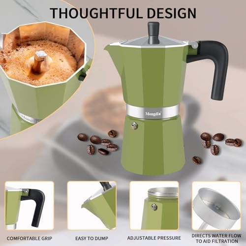 Mongdio Stovetop Espresso Maker Moka Pot, Stove Top Cuban Coffee Maker, Italian Greca Mocha Pot, 12 Espresso Cups, 20 oz - Green - Image 4