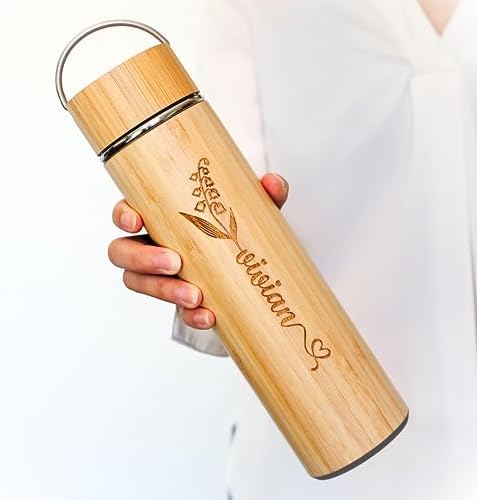Custom Name Tea Infuser Bottle Bamboo Water Bottles Tea Tumbler with Infuser Minimalist Style Birth Month Flower - Image 2