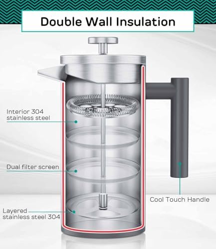 Coffee Gator French Press Coffee Maker 34oz, Double Insulated Stainless Steel Silver and Gray - Image 4