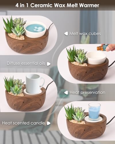 Ceramic Wax Melt Warmer with Japanese Design, 4-in-1 Electric Wax Warmer with PTC Heating Plate and 7-Color LED Lights, Succulent Bowl for Wax Melting, Oil Diffusion, Home Office Spa - Image 2