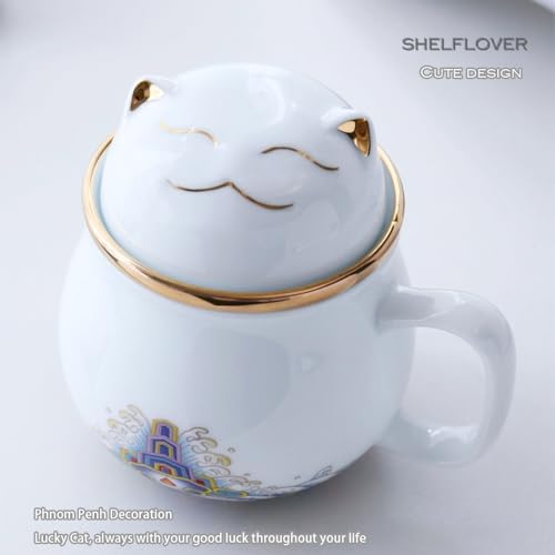 Generic SHELFLOVER Beautiful Tea Mug Portable, White Porcelain Easy to Clean Keep Tea Hot Long, Easy Carried Travel/Office/Home Drink, Cute Cat, White, 10.8oz - Image 2