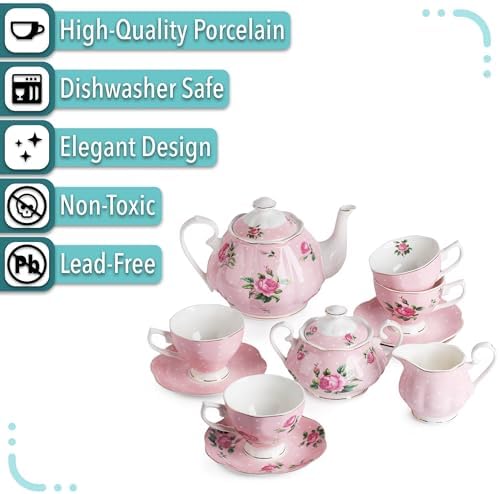 BTaT- Floral Tea Sets for Adults, 13 pcs, Service for 4, Pot (38 oz) & Cups (8 oz) with Saucers, Pastel Pink Floral Design with Gift Box, Porcelain Tea Set for Adult, Dishwasher Safe - Image 5