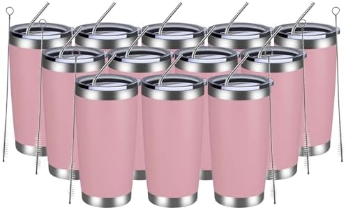 MEWAY 20oz Tumbler 12 Pack Double Wall Vacuum Insulated Travel Mug Bulk, Stainless Steel Tumblers with Lid and Straw, Durable Powder Coated Coffee Cups for Cold & Hot Drinks (Pink, 12) by MEWAY