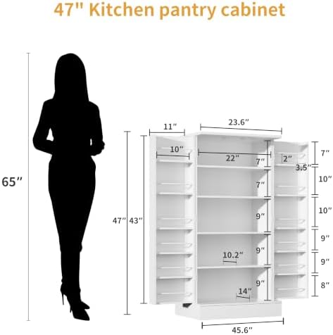 kepptory 47” Pantry Cabinet, Kitchen Pantry Storage Cabinet with Doors and Adjustable Shelves,Freestanding Buffet Cupboards Sideboard for Living Room and Dinning Room (White) - Image 2