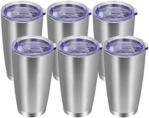 VEGOND 20oz Tumbler with Lid and Straw Stainless Steel Tumbler Cup Bulk Vacuum Insulated Double Wall Travel Coffee Mug Powder Coated Coffee Cup, Stainless, 6 Pack by VEGOND