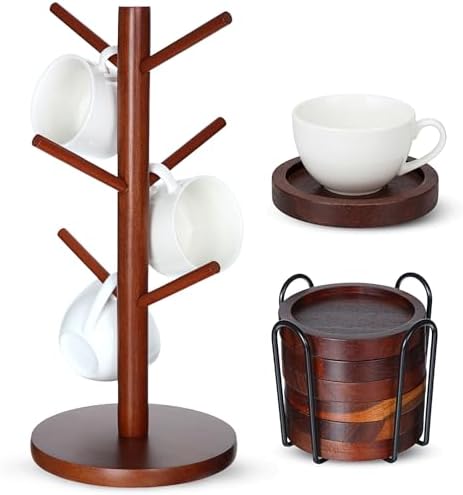 8 Pcs Mug Tree Wooden Coasters Set, Cup Holder 6 Hooks Counter by Yiyiring