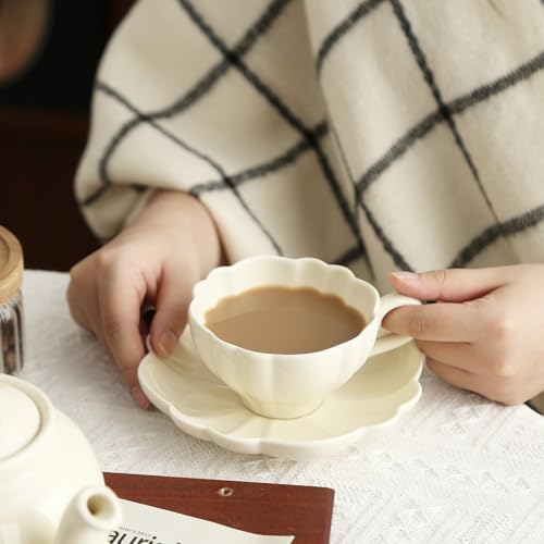 Ceramic Flower-shaped Tea Cup and Saucer Set 5oz/150ml Cappuccino Coffee Mug and Saucer, Unique Designer Pottery Gift for Tea Lovers (Ivory) - Image 4