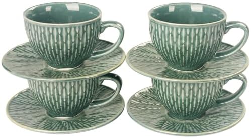 Coffee Mugs Set, 6.8 oz,Ceramic Tea Cup with saucer, Espresso Cups 8-piece, Stackable Cups, for Latte,Hot Tea,Cappuccino, Mocha, Cocoa, dishwasher & microwave safe, Dark green by Jinsongdafa