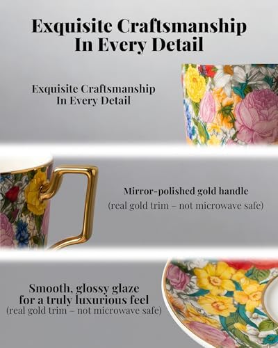 8oz Bone China Tea Cup and Saucer Set, Floral Teacup - Image 5