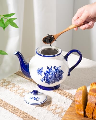 45 Ounce Tea Pot with Infuser, Ceramic Blue and White Teapot, Flowers - Image 4