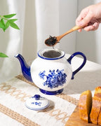 45 Ounce Tea Pot with Infuser, Ceramic Blue and White Teapot, Flowers - Image 4