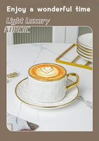 Nineteen-piece coffee set, including six porcelain coffee cups, one metal rack, six spoons, and six ceramic saucers, with hand-painted relief design, for lattes, mocha coffee, cappuccino, and tea - Image 5