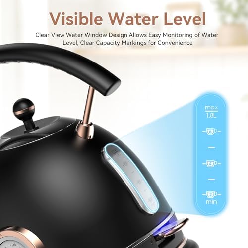 Rasonic Retro Electric Kettle Stainless Steel, 1.8L Tea Water Boiler, 1500W Fast Quiet Boil, Temperature Gauge, Auto Shut-Off, Boil-Dry Protection, Matt Black and Rose Gold - Image 5