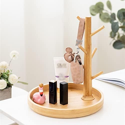 LIU- Bamboo Mug Holder with 6 Hooks,Round Storage Tray for Storing Coffee Pods, Tea Bag and Kettle，Countertop Cups Holder Rack, for Counter Bar - Image 4
