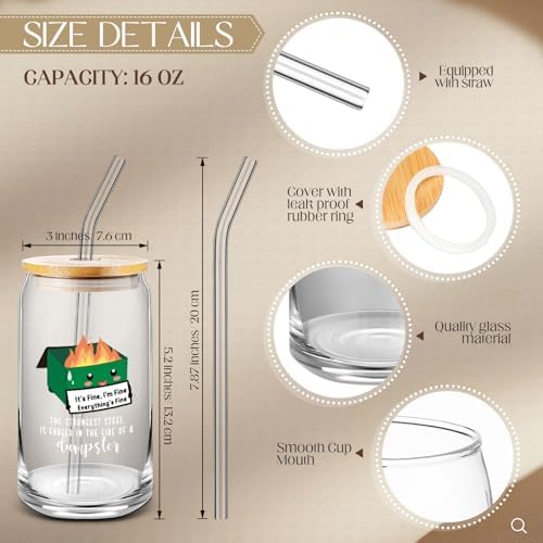Uiifan 6 Pcs Employee Appreciation Gift Thank You Gifts for Women Men 16oz Glass Cups with Bamboo Lids Straws Bulk Positive Coffee Cup for Coworker Teacher(Dumpster Fire) - Image 2