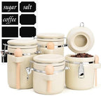 4 Piece Airtight Ceramic Canister Set With Attached Wooden Spoon Reusable Chalk Labels For Dry Goods Sugar Coffee Tea Kitchen Storage Use (Cream) - Image 2