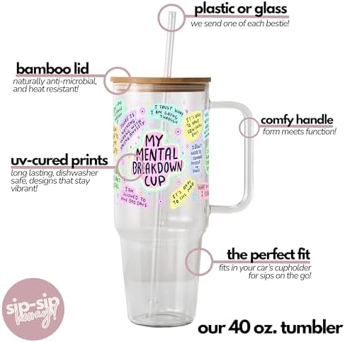 Sip-Sip Hooray! Mental Health Affirmations 40oz Glass Tumbler with Lid - Image 3