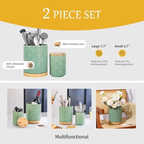 TEATALK Ceramic Canister with Airtight Lid, Cookie & Coffee Canister for Countertop, Food Storage Jar for Sugar, Tea, Matcha, Candy, Coffee Bean Container, Green,7.7"+5.7" - Image 3