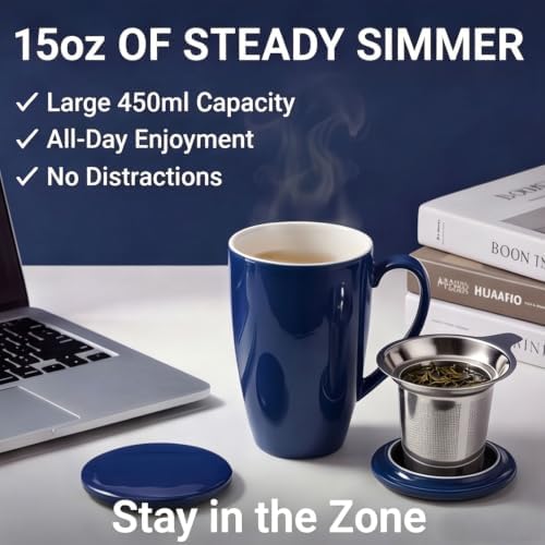 PATIKIL 450 Ml/15 oz Ceramic Tea Infuser Mug with Lid and Stainless Steel Filter | Microwave & Dishwasher Safe Loose Leaf Tea Cup for Office Home Gift, Blue - Image 3