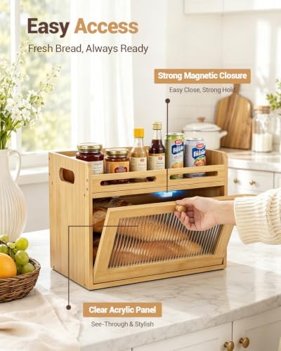 Bread Box for Kitchen Countertop, Bamboo Storage Container with Top Shelf - Image 3