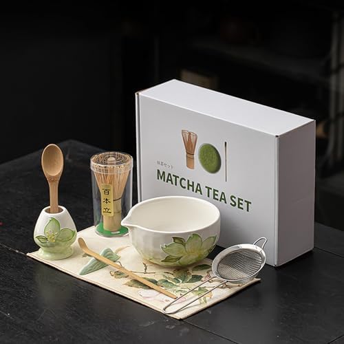 Hand-Painted Matcha Whisk Set, 8-Piece 3D Art Ceremony Kit with Unique Bowl, Bamboo Whisk, Sifter & Scoop for Exquisite Japanese Tea Making (Flower Pattern 4) by Unknown