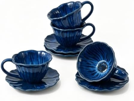 KOOV Latte Cup and Saucer Set of 4, Vintage Hand-Painted 10 oz Ceramic Cappuccino Cups, Reactive Glazed Latte Art Cup and Saucer For Latte, Espresso, Tea, Pansy Series (Nebule Blue) by KOOV