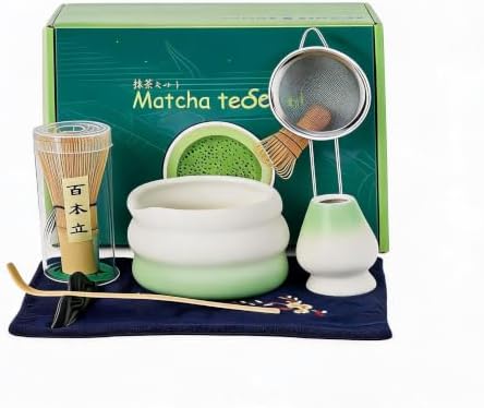 7-Pc Gradient Green Matcha Set: Ceramic Bowl, Bam boo Whisk & Holder, Scoop, Sifter, Towel by Unknown