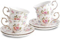 Agyiuns tea cups and saucers ceramic coffee mug 6oz set of 4 for Latte, Cafe Mocha, white with flowers by Agyiuns