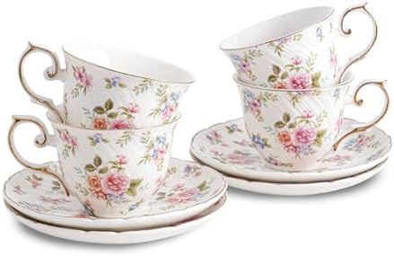 Agyiuns tea cups and saucers ceramic coffee mug 6oz set of 4 for Latte, Cafe Mocha, white with flowers by Agyiuns