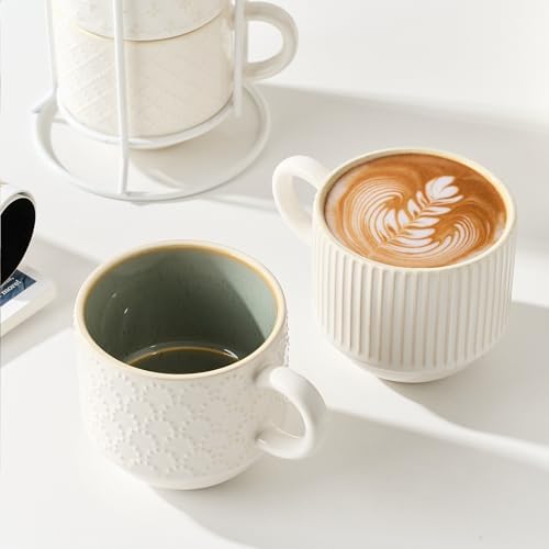 JIEMEI HOME Large Ceramic Coffee Mug Set of 4 with Stand, 15 Oz Stackable Different Embossment Ribbed Latte Cup Set for Cappuccino, Tea, Hot Cocoa, Drinks - Dishwasher & Microwave Safe, White & Green - Image 2