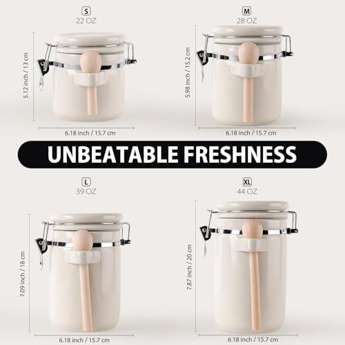 4 Piece Airtight Ceramic Canister Set With Attached Wooden Spoon Reusable Chalk Labels For Dry Goods Sugar Coffee Tea Kitchen Storage Use (Cream) - Image 4