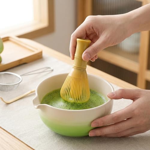 7Pcs Matcha Set, Matcha Whisk Set - Whisk Plastic Whisk, Whisk Holder, Matcha Bowl with Pouring Spout, Scoop, Sifter, Absorbent Cloth - Japanese Tea Ceremony Set for Home Use or Gift, Gradient Green - Image 2