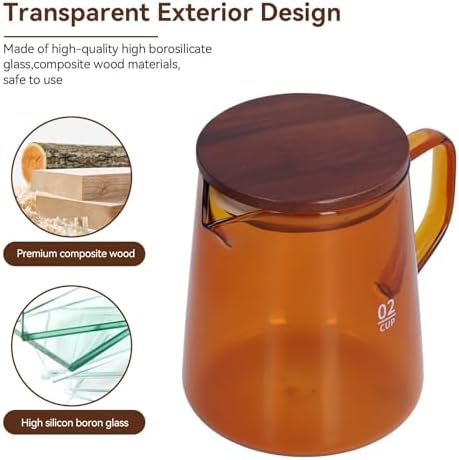 Small Glass Carafe, 16.9oz Glass Coffee Server Manual Pour over Coffee Beaker Tea Pot with Wooden Lid Clear Teakettle Borosilicate Glass Decanter (Brown) - Image 3