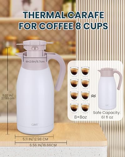GiNT 1.9L / 64Oz Thermal Coffee Carafe, Insulated Stainless Steel Coffee Carafes for Keeping Hot/Double Walled Vacuum Thermal Carafe (White) - Image 6