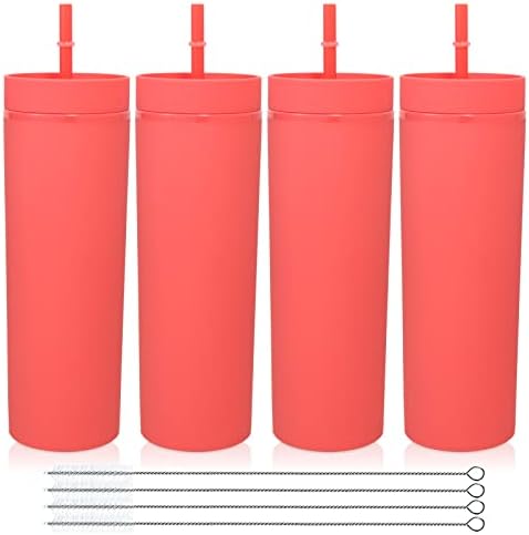 Volhoply 20oz Plastic Skinny Tumblers Bulk 4 Pack,Double Wall Tumbler with Lid and Straw,Reusable Travel Iced Coffee Mug,BPA Free Matte Acrylic Water Cups With Straw for Party,DIY Gifts(Red, 4 Set) by LiveFully%EF%BC%8CDrinkFreely%E2%80%94KeepGoingwithVolhoply%EF%BC%81