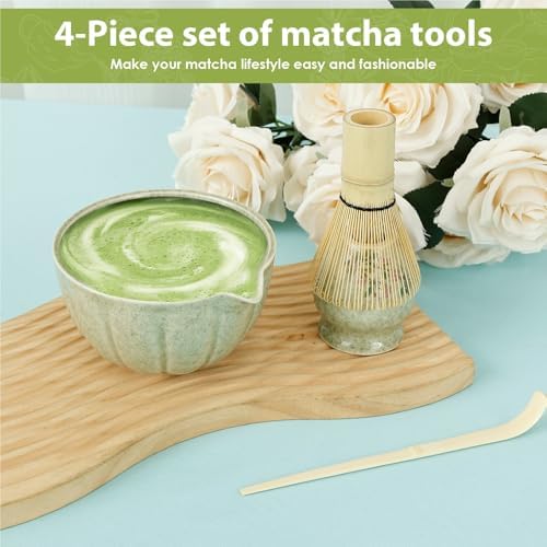 Ceramic matcha agitator, Matcha Whisk and Bowl Tea Set 4Pcs Elegant Cup Includes Holder Kitchen Tadget for Lovers(White) - Image 4