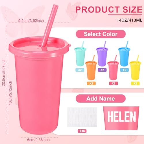 Reallnaive 12 Pack Plastic Party Cups with Lids and Straws 14 oz Reusable Bulk Tumblers Reusable Cups with Lids with Letter Sticker and Straw Cap for Birthday Holiday Events Party Decoration Supplies - Image 2