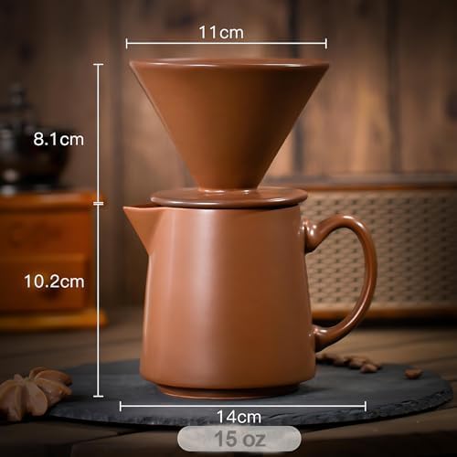 Ceramic Pour Over Coffee Dripper Vintage, Pour Over Coffee Maker Set, Filter Cup, Coffee Brewer Cone Filter, V60 Dripper & Decanter set, for Home Café Restaurant, 1-2 Cup (Brown) - Image 2