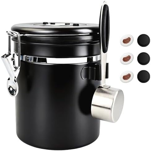 ShanSon Coffee Canister Airtight, Stainless Steel Bean Storage Container with Date Tracker & Scoop, Grounds Sugar Flour Tea Cereal Fits Kitchen Pantry, Ideal Gift for Coffee Lovers,16oz, Black by ShanSon