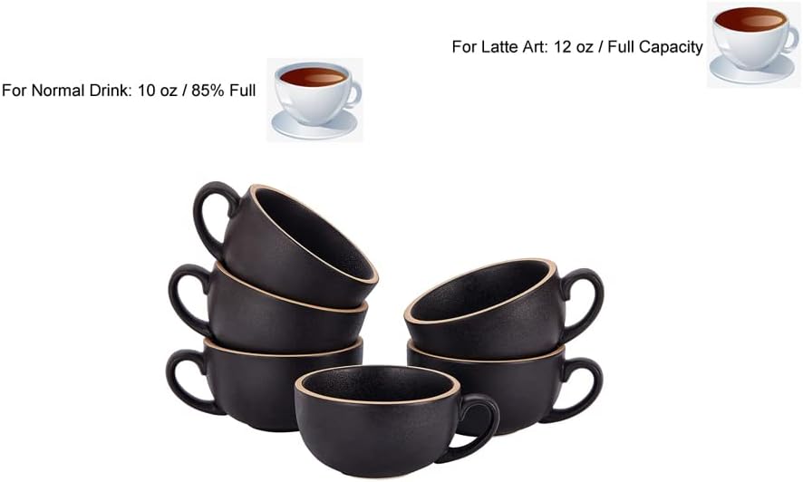 Coffeezone Set of 6 Cups Vintage Design 12 oz Professional Barista Ceramic Latte Art Cappuccino Cups Set (Rough Black * 6) - Image 4