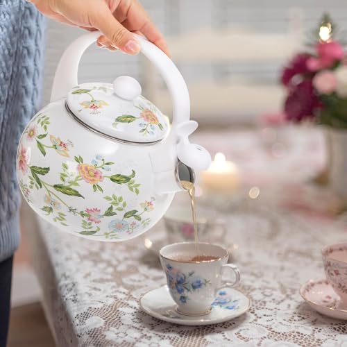 Jucoan 2.3 Quart Vintage Enamel Tea Kettle, Whistling Tea Kettle for Stove Top, Floral Enamel on Steel Teakettle Teapot for Home Kitchen Camping, Gift for Wedding Housewarming Mother's Day - Image 6