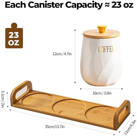 Ceramic Canister Set of 3 for Sugar Coffee Tea with Tray, White Airtight Food Storage Jars with Wood Lids, Kitchen Counter Storage Containers - 23oz - Image 3