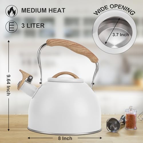 Tea Kettle, Vegoran 100 OZ / 3 Liter Whistling Tea Kettle, Tea Pots for Stove Top Food Grade Stainless Steel with Wood Pattern Folding Handle, Loud Whistle Kettle for Tea, Coffee, Milk (White) - Image 3