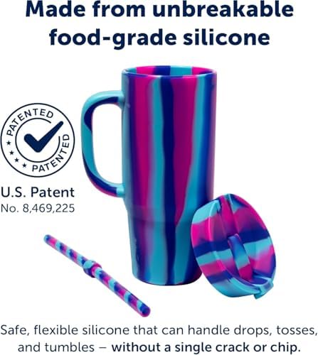 Silipint 32oz Silicone Humbler Tumbler with Handle, Flip Lid and Straw – BPA-Free, Non-Toxic, Unbreakable, Microwave, Dishwasher Safe – Perfect for Tea, Cold Water, Poinsettia Stripe - Pack of 2 - Image 4
